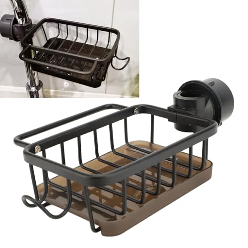 Spülbecken Organizer mit Abnehmbarer Abtropfschale, Wasserhahn Lagerregal Küchenspülen-Caddy-Organizer Schwammhalter Küche Hängend Wasserhahn-Abflussregals für Küche und Badezimmer (Schwarz) von Tudaheuiy