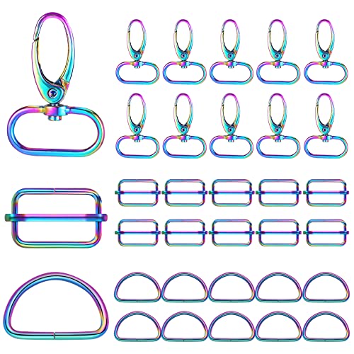 Tudomro 30 Stück Regenbogen-Drehhaken, Klauenverschluss, inklusive 10 bunten Schlüsselanhänger-Drehhaken mit 10 D-Ringen und 10 Tri-Glide-Schiebe-Schnallen-Set für Bastelarbeiten, Hundehalsbänder, von Tudomro