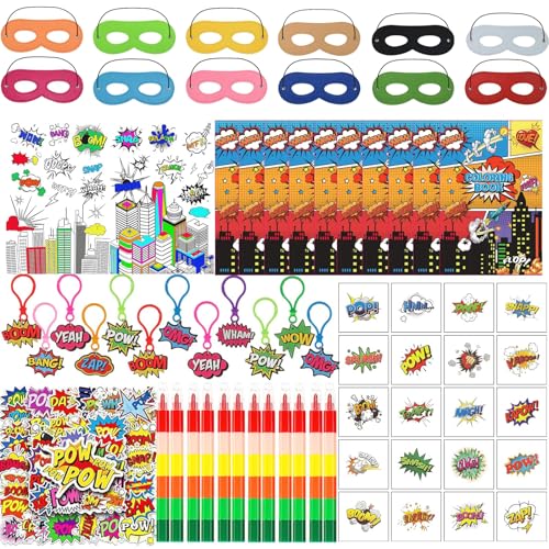 118-teiliges Partyzubehör für Helden-Partys mit Cartoon-Helden-Thema, inklusive Masken, Malbuch, Regenbogenstifte, Schlüsselanhänger, Tattoos, Aufkleber, Fans, Party, Klassenzimmer, Bonus-Geschenke 118-teiliges Partyzubehör für Helden-Partys mit Cartoon-Helden-Thema, inklusive Masken, Malbuch, Regenbogenstifte, Schlüsselanhänger, Tattoos, Aufkleber, Fans, Party, Klassenzimmer, Bonus-Geschenke von Tudona