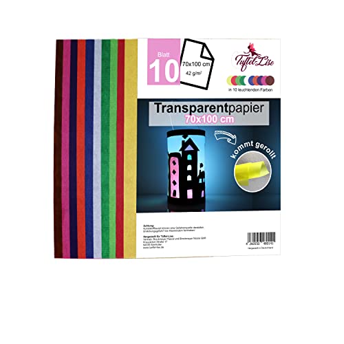 Tüftel-Lise Premium Transparentpapier (70x100 cm) bunt 10 Blatt in 10 Farben | 42 g/qm | Vielseitig verwendbar z.B. als Fensterpapier, Laternenpapier o. Drachenpapier. Ideal zum kleistern und basteln von Tüftel-Lise