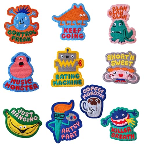 10 x Monster-Stickerei-Aufnäher, Killer-Atem, Kontrollfreak, Musik-Monster, Essmaschine usw., lustiger Monster-Slogan Witz zum Aufnähen, Aufnähen, DIY-Zubehör für Jacken, Kleidung, Hüte, Rucksäcke von Tufeifrank