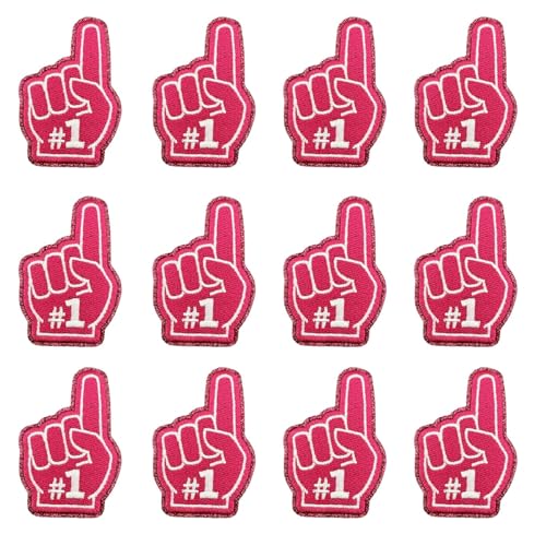 12 Stück One Finger Salute Index Finger #1 Nummer Eins bestickte Aufnäher Applikationen Maschinenstickerei Cheerleading Sport Game Day Trucker Hut Kappe Stirnband Patch für Jacken, Jeans (Rosa) von Tufeifrank