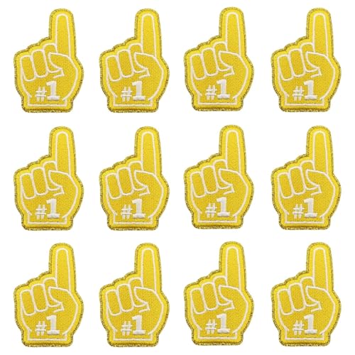 12 Stück One Finger Salute Index Finger #1 Nummer Eins bestickte Aufnäher Applikationen Maschinenstickerei Cheerleading Sport Game Day Trucker Hut Kappe Stirnband Patch für Jacken, Jeans (gelb) von Tufeifrank