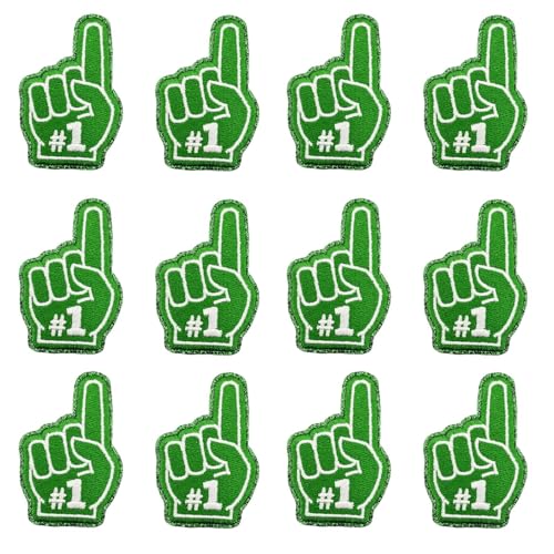 12 Stück One Finger Salute Index Finger #1 Nummer Eins bestickte Aufnäher Applikationen Maschinenstickerei Cheerleading Sport Game Day Trucker Hut Kappe Stirnband Patch für Jacken, Jeans (grün) von Tufeifrank