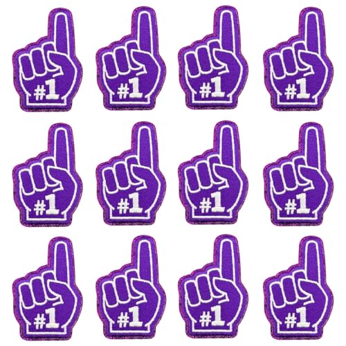 12 Stück One Finger Salute Index Finger #1 Nummer Eins bestickte Aufnäher Applikationen Maschinenstickerei Cheerleading Sport Game Day Trucker Hut Kappe Stirnband Patch für Jacken, Jeans (lila) von Tufeifrank