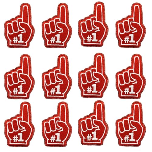 12 Stück One Finger Salute Index Finger #1 Nummer Eins bestickte Aufnäher Applikationen Maschinenstickerei Cheerleading Sport Game Day Trucker Hut Kappe Stirnband Patch für Jacken, Jeans (rot) von Tufeifrank