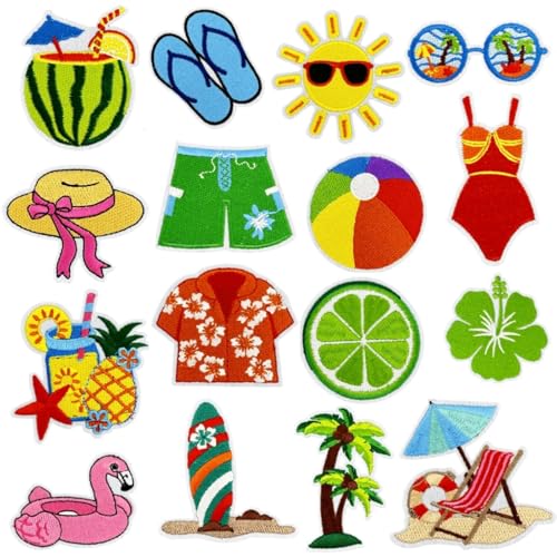 16 Stück Sommer-Aufnäher zum Aufbügeln, Kawaii-Cartoon-Aufbügler, Vintage-Hippie-Retro-Asthetik-Applikationen, bestickt, Strand, Hawaii, zum Aufnähen oder Aufbügeln für Rucksäcke, Jeans, Jacken 16 Stück Sommer-Aufnäher zum Aufbügeln, Kawaii-Cartoon-Aufbügler, Vintage-Hippie-Retro-Asthetik-Applikationen, bestickt, Strand, Hawaii, zum Aufnähen oder Aufbügeln für Rucksäcke, Jeans, Jacken von Tufeifrank