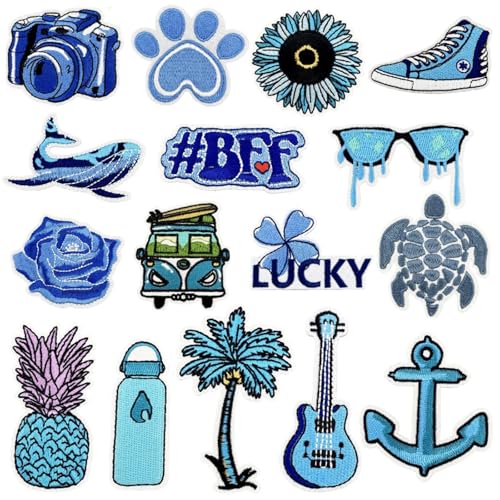 16 blaue Cartoon-Aufnäher zum Aufbügeln, niedliche Deko-Aufnäher für Rucksäcke, Ästhetik, bestickt, Strand, Hawaii, zum Aufnähen oder Aufbügeln für Rucksäcke, Jeans, Jacken, Kleidung, DIY Handwerk 16 blaue Cartoon-Aufnäher zum Aufbügeln, niedliche Deko-Aufnäher für Rucksäcke, Ästhetik, bestickt, Strand, Hawaii, zum Aufnähen oder Aufbügeln für Rucksäcke, Jeans, Jacken, Kleidung, DIY Handwerk von Tufeifrank