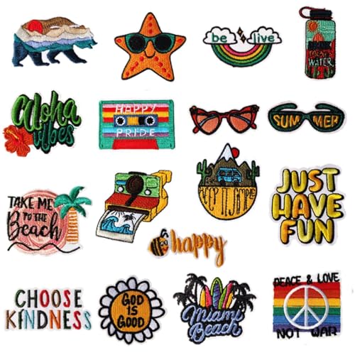 17 Stück Sommer-Aufnäher zum Aufbügeln, Kawaii-Cartoon-Aufbügler, Vintage-Hippie-Retro-Asthetik-Applikationen, bestickt, Strand, Hawaii, zum Aufnähen oder Aufbügeln für Rucksäcke, Jeans, Jacken 17 Stück Sommer-Aufnäher zum Aufbügeln, Kawaii-Cartoon-Aufbügler, Vintage-Hippie-Retro-Asthetik-Applikationen, bestickt, Strand, Hawaii, zum Aufnähen oder Aufbügeln für Rucksäcke, Jeans, Jacken von Tufeifrank