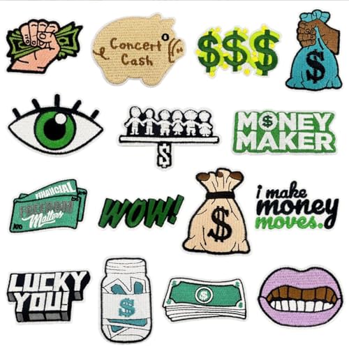 Aufnäher zum Aufbügeln mit Geldmotiv, USD-Dollar-Schilder, Finanzmotive, bestickt, Trucker-Hut, zum Aufnähen, für Hüte, Jeans, Jacken, Rucksäcke, Kleider, Kleidung, Bastelarbeiten, 15 Stück Aufnäher zum Aufbügeln mit Geldmotiv, USD-Dollar-Schilder, Finanzmotive, bestickt, Trucker-Hut, zum Aufnähen, für Hüte, Jeans, Jacken, Rucksäcke, Kleider, Kleidung, Bastelarbeiten, 15 Stück von Tufeifrank