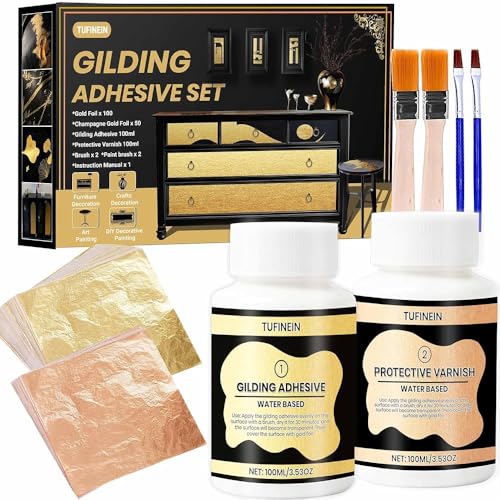 Blattgold Kleber Set, TUFINEIN 100ml Vergoldung Kleber und 100ml Lackschutz, Blattgold und Champagner Goldfolie Vergolden Kit, Möbel & Handwerk Dekoration, Kunst Malerei, DIY Dekorative Malerei von Tufinein