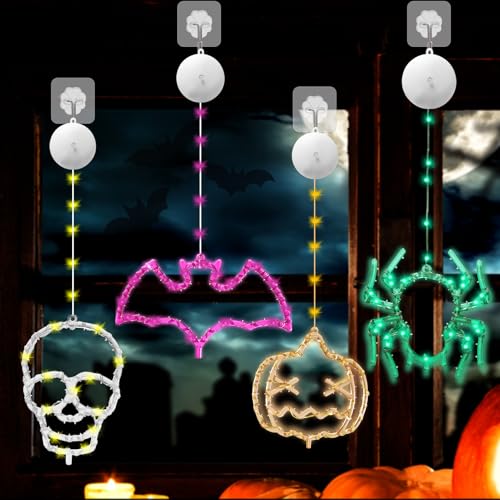 4 Stück LED Halloween Fensterdeko – LED Fensterlichter: Orange Kürbis, Lila Hexenhut, Grüne Spinne, Weißer Totenkopf – 8 Modi mit Timer, Wiederverwendbar, Innen & Außen, Ideal für Party & Zuhause 4 Stück LED Halloween Fensterdeko – LED Fensterlichter: Orange Kürbis, Lila Hexenhut, Grüne Spinne, Weißer Totenkopf – 8 Modi mit Timer, Wiederverwendbar, Innen & Außen, Ideal für Party & Zuhause von Tulov