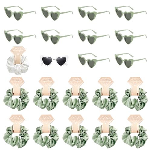 Tulov 22 Stück JGA Brille Team Braut Haargummi,JGA Accessoires Frauen,11 Herzförmige Brille + 11 Bride Haargummi,Bride Partybrille Set für Hochzeitsfeier Wedding Party (Grün) von Tulov