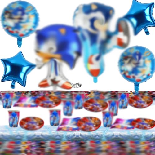 Sonic Party Zubehör, Sonic Geburtstagsfeier Dekoration, Sonic Foil Latex Luftballons, Sonic Gebutstag Party Set, Kinder Kuchen Dekoration Tischdecke und Sonic Geburtstag Teller Partygeschirr von Tulufanskrr