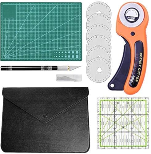 10 Stücke Rollschneider Set, 45mm Rotary Cutter Set, Stoffschneider mit Ersatzklingen, Schneidematte, Patchwork Lineal, Bastelmesser für Stoffschneiden und Nähen 10 Stücke Rollschneider Set, 45mm Rotary Cutter Set, Stoffschneider mit Ersatzklingen, Schneidematte, Patchwork Lineal, Bastelmesser für Stoffschneiden und Nähen von Tundi