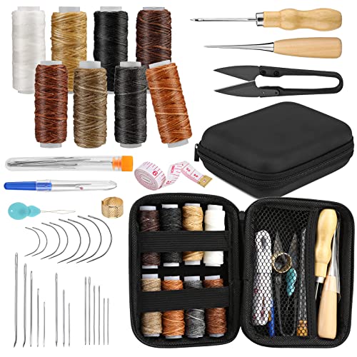 39 Pcs Ledernähungskit, Lederreparatur -Kit mit Wachspfaden, Polsterledernadeln, AWL, Messband, Nahtripper und Aufbewahrungspaket, Leder -Handwerkzeuge DIY Accessoires von Tundi