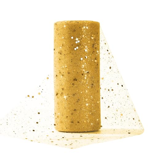 Tüll Stoff 15cm x 25Yards Glitzer Tüll Dekostoff mit kleine Pailletten Dekostoff Tüll Rolle für Hochzeit Party Bankett Deko Handwerk Hochzeit Tischedeko Geschenk Bogen Tüllband Gold von Tunejoy