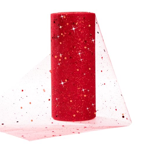 Tüll Stoff 15cm x 25Yards Glitzer Tüll Dekostoff mit kleine Pailletten Dekostoff Tüll Rolle für Hochzeit Party Bankett Deko Handwerk Hochzeit Tischedeko Geschenk Bogen Tüllband Rot von Tunejoy