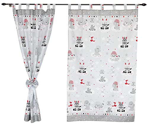 TupTam Kinderzimmer Vorhänge Baby Gardinen mit Schleifen 2er Set, Farbe: Baby Tiere Grau/Rot, Größe: ca. 155x95 cm von TupTam