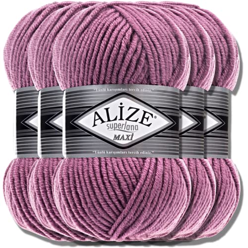 Alize 5 x 100g Superlana Maxi Türkische Premium Wolle Baumwolle und Acryl Uni Handstrickgarne | Yarn | Garn | Strickgarn Einfarbig Baby zum Häkeln Stricken Kleidung Schals (Rose | 28) von Turkey Store