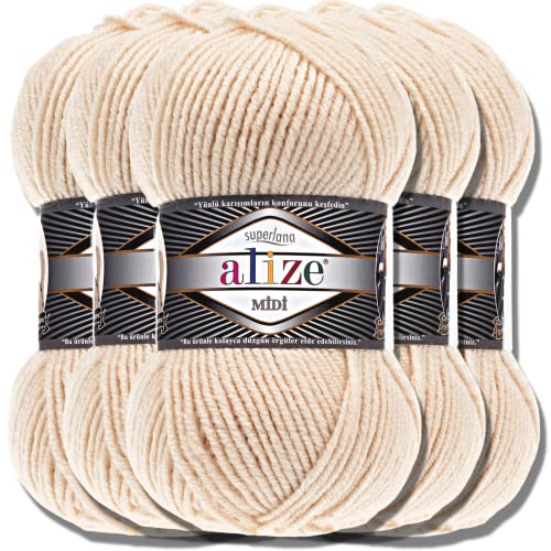 Alize 5 x 100g Superlana Midi Türkische Premium Wolle Baumwolle und Acryl Uni Handstrickgarne | Yarn | Garn | Strickgarn Einfarbig Baby zum Häkeln Stricken Kleidung Schals (Honey | 310) von Turkey Store