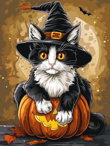 Yeerum 5D Diamond Painting by Numbers Kits for Adults Halloween Round Full Drill, DIY Diamond Art Pumpkin Cat Kits for Beginner Embroidery Cross Stitch Arts Crafts Home Decoration 30x40cm von Turlte