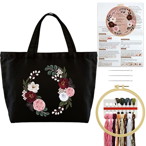 Turmaster Stickerei Set mit Canvas Tote Bag, Stickset für Anfänger, Sticken Set Erwachsene mit Blumenmuster,Stickrahmen,Fäden und DIY Stickerei Werkzeuge，Schwarz von Turmaster