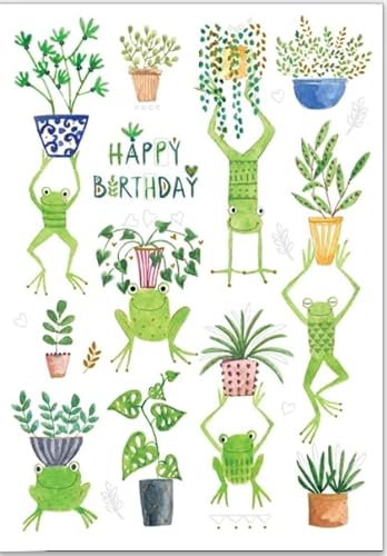 Hochwertige Grußkarte von Turnowsky mit 6 lustigen bunten Fröschen. Relief-Klappkarte zum Beschriften mit Umschlag "Happy Birthday" von Turnowsky