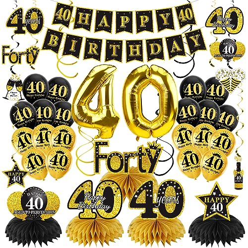 36-teiliges Dekorationsset zum 40. Geburtstag für Männer und Frauen, Schwarz / Gold, "Happy 40 Birthday", Ballons, Wabenaufsatz, hängende Wirbel, Partyzubehör, vierzig Jahre alter Geburtstag, von Turypaty