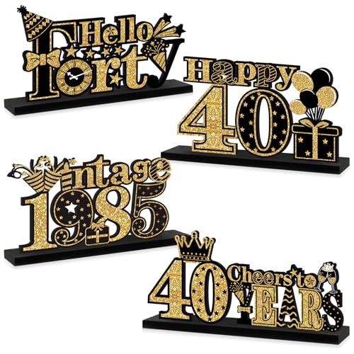 4 Stück 40. Geburtstag Dekorationen aus Holz Vintage 1983 Tischpartyzubehör, Schwarz Gold Cheers to 40 Years Tischdekoration Schild Happy 40th Anniversary Bday Hello Forty Tischdekoration von Turypaty