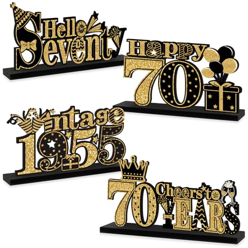 4 Stück 70. Geburtstag Dekorationen Holz Vintage 1953 Tisch Party Supplies, Schwarz Gold Cheers to 70 Years Table Centerpieces Schild, Happy 70th Anniversary Bday Hello Seventy Table Decor von Turypaty