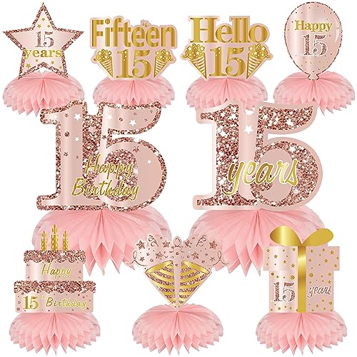 Rosa Rose Gold 15. Geburtstag Wabenaufsätze Dekorationen für Mädchen, 9 Stück Rose Gold Happy 15th Birthday Tischaufsätze Partyzubehör, fünfzehn Jahre alter Geburtstag Tischdekoration Rosa Rose Gold 15. Geburtstag Wabenaufsätze Dekorationen für Mädchen, 9 Stück Rose Gold Happy 15th Birthday Tischaufsätze Partyzubehör, fünfzehn Jahre alter Geburtstag Tischdekoration von Turypaty