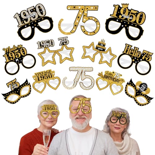 Turypaty Papierbrillen zum 75. Geburtstag zum 75. Geburtstag, für Männer und Frauen, Schwarz / Gold, "Happy 75th Birthday", Foto-Requisiten, Vintage 1950, fünfundsiebzig Jahre alt, Partyzubehör, 24 von Turypaty