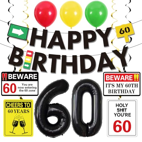 Turypaty Partydekorationen zum 60. Geburtstag für Männer und Frauen, 60 Zahlenballons schwarz, Happy 60th Birthday Banner, lustige Vorsicht Schild hängende Wirbel, 60 Jahre alte Bady Decor Party Turypaty Partydekorationen zum 60. Geburtstag für Männer und Frauen, 60 Zahlenballons schwarz, Happy 60th Birthday Banner, lustige Vorsicht Schild hängende Wirbel, 60 Jahre alte Bady Decor Party von Turypaty