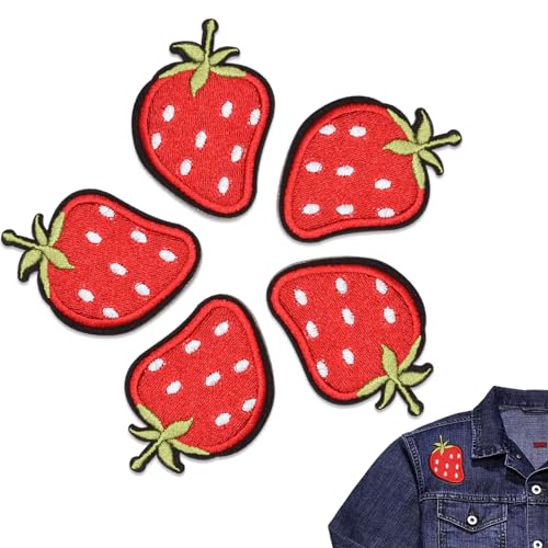 5 Stück Erdbeer Bügelbild, Erdbeer-bestickte Aufnäher, Erdbeer Patches, Erdbeere Applikationen Patch zum Aufbügeln oder Aufbügeln für Jacken, Jeans, Rucksäcke, Kleidung von TuseRxln