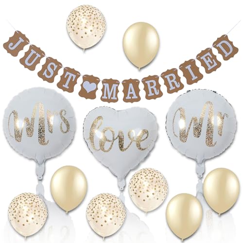 Just Married Deko Hochzeitsdeko Set, 24 Stück Weiße Luftballons Hochzeit Hochzeitsfiguren Heliumballons für Vintage Tischdeko Rustikal Party und Brautdusche von TuseRxln