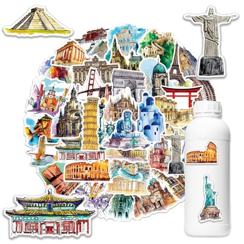 Reiseaufkleber Wasserfeste Aufkleber Sticker Set, 50 Stück Reiseaufkleber mit weltberühmten Sehenswürdigkeiten, Geeignet für Laptops, Koffer, Helme, Motorräder, Skateboards, Autos usw. von TuseRxln