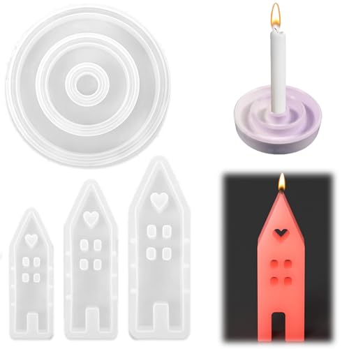 TuseRxln Silikonformen Gießformen Kerzenhalter, 4 Stück Silikonform Kerzenhalter Set, 3 Formenhäuser und 1 runde Kerzenform, für Tägliche Festival Dekoration, DIY Seifen, Dekorative Geschenke usw. TuseRxln Silikonformen Gießformen Kerzenhalter, 4 Stück Silikonform Kerzenhalter Set, 3 Formenhäuser und 1 runde Kerzenform, für Tägliche Festival Dekoration, DIY Seifen, Dekorative Geschenke usw. von TuseRxln