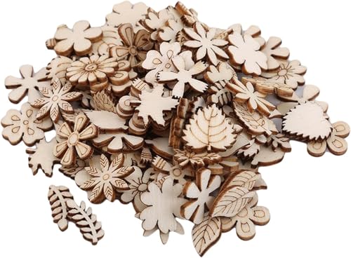 100 Stück unlackierte Holzblöcke, Blattmuster, Ausschnitte, Mini-Holzblöcke, handgefertigte Dekoration, Holzblöcke für Bastelblumen, Bastelbedarf von Tustao