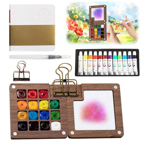12 Farben Tragbare Aquarell Palette, Mini Aquarellfarben Sets, Reise Set Mini Aquarell Set,Skizzenbuch Palette aus Holz, Magnetpalette mit Clip Zusammenklappbare (15 Gitter) von Tutamaz