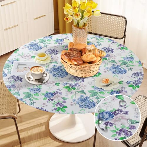 Tischdecke Rund Ø 48", Abwaschbar Elastisch Tischdecke Outdoor Wetterfest Gartentischdecke Rund, TPU Plastik Tischdecken Tischschutzfolie für Garten Restaurant, Ideal für 90cm-110cm (Blaue Blumen) von Tutamaz