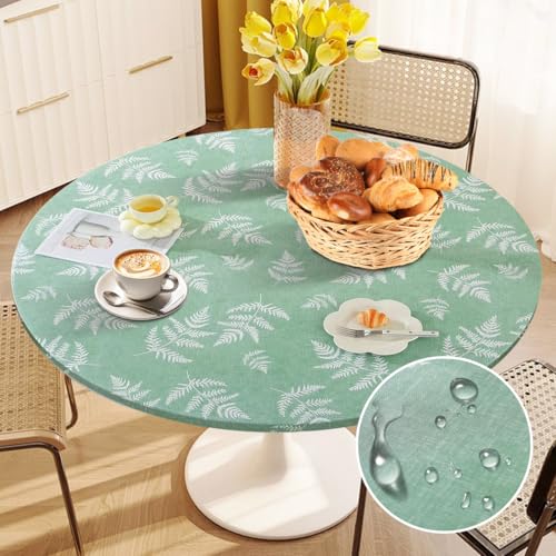 Tischdecke Rund Ø 48", Abwaschbar Elastisch Tischdecke Outdoor Wetterfest Gartentischdecke Rund, TPU Plastik Tischdecken Tischschutzfolie für Garten Restaurant, Ideal für 90cm-110cm (Grünes Blatt) von Tutamaz