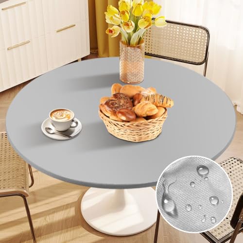 Tischdecke Rund Ø 48", Abwaschbar Elastisch Tischdecke Outdoor Wetterfest Gartentischdecke Rund, TPU Plastik Tischdecken Tischschutzfolie für Garten Restaurant, Ideal für 90cm-110cm (Hellgrau) von Tutamaz