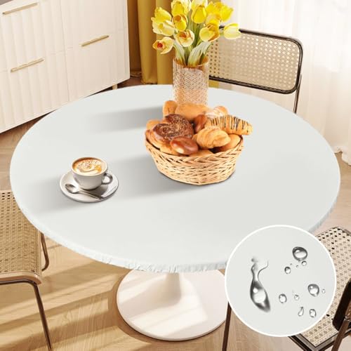 Tischdecke Rund Ø 48", Abwaschbar Elastisch Tischdecke Outdoor Wetterfest Gartentischdecke Rund, TPU Plastik Tischdecken Tischschutzfolie für Garten Restaurant, Ideal für 90cm-110cm (Weiß) von Tutamaz