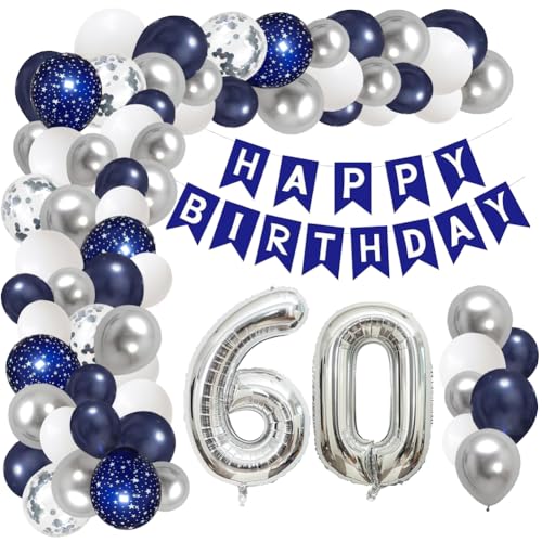 Tutamaz 60. Geburtstag Deko, Deko 60. Geburtstag Männer mit Luftballons Blau Silber Deko Geburtstag Geburtstagsdeko Kits Nummer 60 Folienballons für Party, Geburtstag Deko für Männer Frauen von Tutamaz