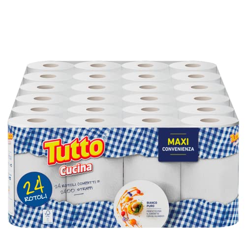 Tutto Cucina 24 Maxi Papierrollen, 2-lagig, 100 x Abrisse, extra saugfähig und sehr robust, geeignet für die Reinigung von Oberflächen und den Kontakt mit Lebensmitteln, hergestellt in Italien von Tutto Pannocarta