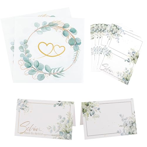 20 Stück Tischkarten und 20 Servietten Hochzeit, Hochzeit Servietten Herz Eukalyptus Tischdeko 33x33cm, Namenskarten mit Schön Dass Du Da Bist 11x8.5cm für Wedding Valentinstag Jubiläum Party von Tutukyle