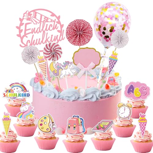 Tortendeko Einschulung Deko Mädchen 2025-19Stk Einhorn Endlich Schulkind Kuchendeko Schulanfang Cupcake Einschulung Cake Topper Muffins Kuchen Deko für Schuleinführung Deko Einschulungsfeier Geschenk von Tutukyle