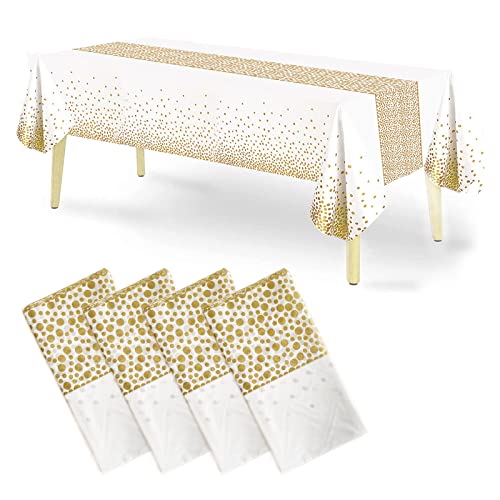 Einweg-Plastiktischdecken, 4 Pack weiße und goldene Pailletten Tischdecke 54"x 108" Party Tisch Abdeckung Tischläufer für Rechtecktische bis zu 8 ft und Geburtstagshochzeit Weihnachten Neujahr Bankett von Tuxiaobu