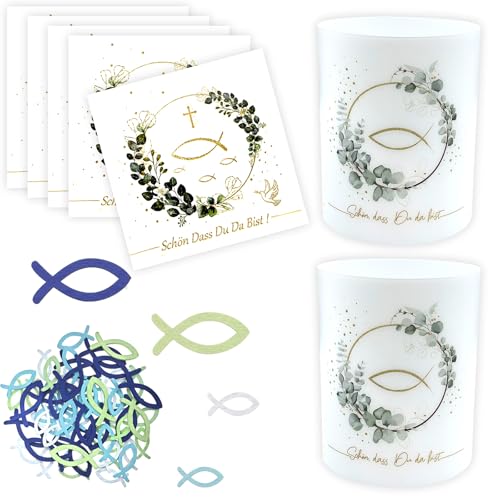 32 Stück Windlicht Tischdeko Kommunion Servietten mit Eukalyptus, 60 Stück Holzfisch Taufe Deko Kommunion Deko Junge Mädchen Geschenk, Schön Dass Du Da Bist Servietten für Hochzeit Taufe Erstkommunion 32 Stück Windlicht Tischdeko Kommunion Servietten mit Eukalyptus, 60 Stück Holzfisch Taufe Deko Kommunion Deko Junge Mädchen Geschenk, Schön Dass Du Da Bist Servietten für Hochzeit Taufe Erstkommunion von Tuxuzal